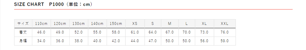 P-1000 サイズ表